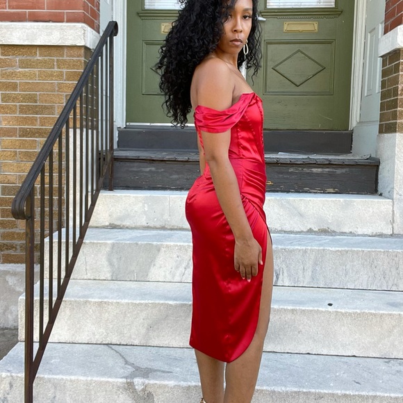 Red Satin Off the Shoulder Dress with Thigh Split - Picture 13 of 14